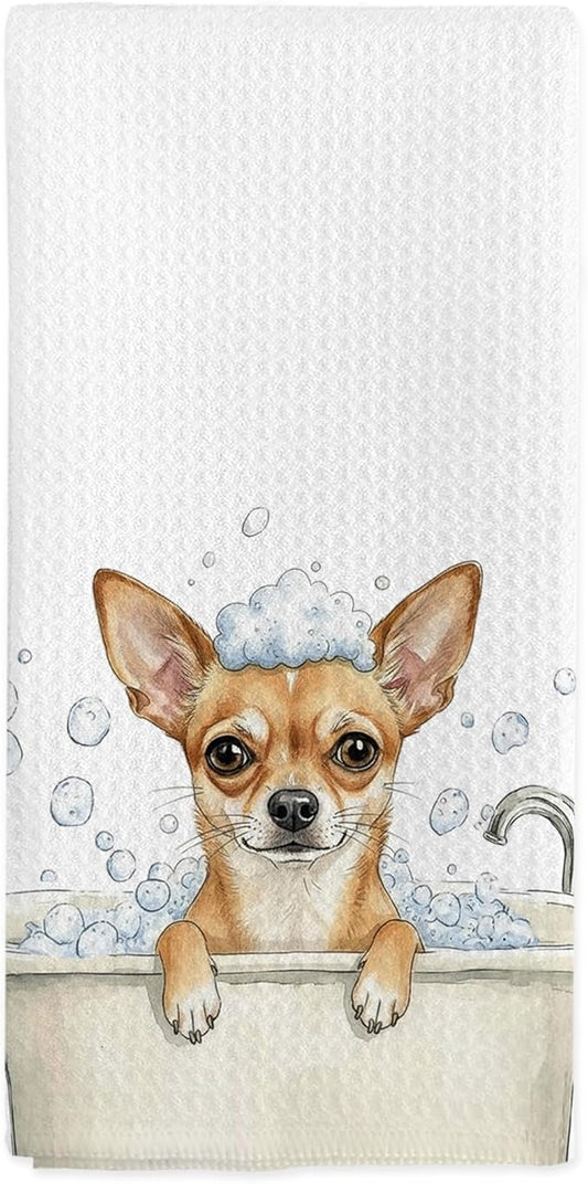 Funny Chihuahua Dog for Women Hand Towels, Dog Bathroom Decor, Funny Chihuahua Dish Tea Towels, Cute Chihuahuas Dogs in Bathtub Hand Towel for Toilet Kitchen Restroom Decor, 16x24 Inch