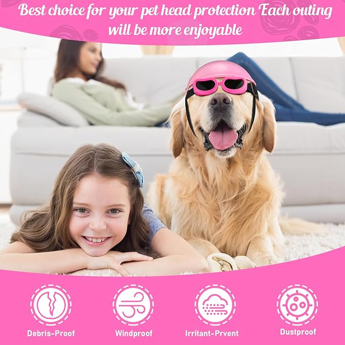 Frienda Dog Helmet and Goggles, UV Protection Doggy Sunglasses and 4 Inch Padded Puppy Motorcycle Helmet Adorable Dog Goggles with Adjustable Belt for Small Dogs Puppy Riding(Pink,L)