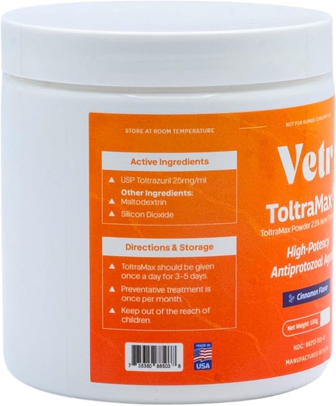 Vetr's Toltramax Toltrazuril Powder for Horses, Dogs, Cats, 100g (2.5%, Cinnamon)