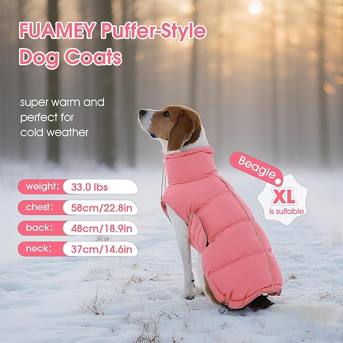 FUAMEY Dog Puffer Jacket for Large Dogs,Dog Cold Weather Coats Winter Dogs Down Jackets Waterproof Pet Snowsuits Warm Puppy Winter Vest Turtleneck Pets Adjustable Jackets Coats Pink XL