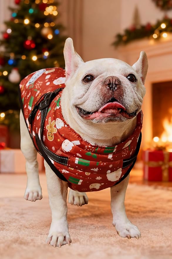 Aiboria Dog Jacket Windproof Fleece Dog Sweater with Padded Vest Chest Strap Harness Dogs Coat Christmas Red XL