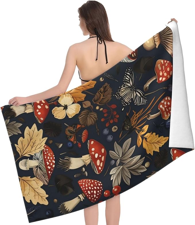 Autumn Forest Beach Towel 31inx51in, Mushroom Sand-Free Microfiber Bath Towel Ultra Soft Quick Dry Pool Towel Absorbent Towel Lightweight Towel for Swimming Bathroom Decor