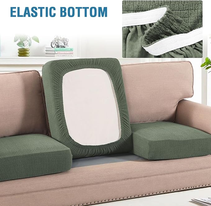 H.VERSAILTEX Jacquard Cushion Covers High Stretch Sofa Covers for 3 Cushion Couch Furniture Protector Spandex Anti-Slip Soft Thickened Slipcovers Crizzle Pattern(3 Seat Covers, Sea Grass)