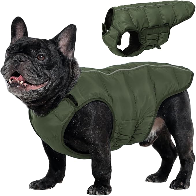 Kuoser Dog Puffer Jacket Warm Dog Coat for Small Dogs, Windproof Reflective Pet Padded Vest Cold Weather Clothes Puppy Snowsuit with Hook & Loop Coats, Easy On/Off, Green S
