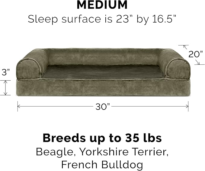 Furhaven Memory Foam Dog Bed for Medium/Small Dogs w/ Removable Bolsters & Washable Cover, For Dogs Up to 35 lbs - Faux Fur & Velvet Sofa - Dark Sage, Medium