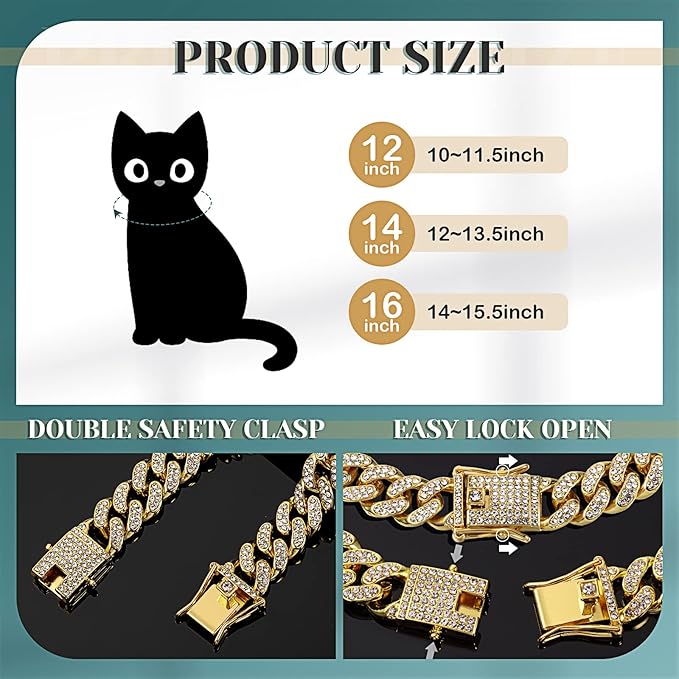 Xuniea 2 Pieces Cat Dog Chain Collar and Sunglasses Set Rhinestone Necklace with Secure Buckle Round Glasses for Doll Cat Dog Pet Accessories(8 Inch,Gold, Black)