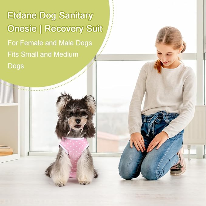 Etdane Dog Diapers Sanitary Panties Physiological Period Shirts Surgical Recovery Suits for Male and Female Dogs Pink Polka Dots/L