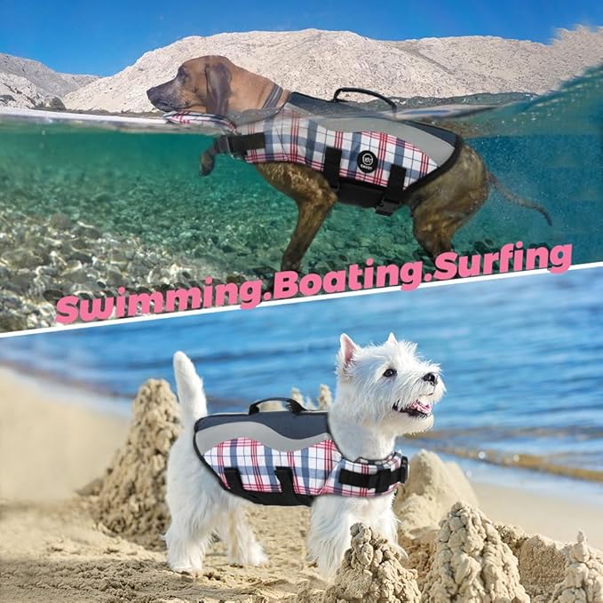 EMUST Dog Life Vests, Adjustable Dog Life Jackets for Small Dogs with Enhanced Buoyancy, Small Swim Vest with Durable Rescue Handle, Navy Check, XS