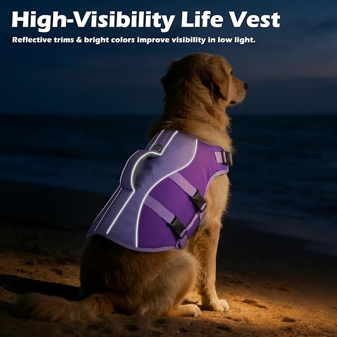 Dog Life Jacket, High Buoyancy Dog Life Vest with Handle for Swimming Boating, Adjustable Swimming Vest with Reflective Trim for Small Medium Large Dogs - Purple, L