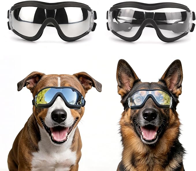 PETLESO Dog Goggles Sunglasses for Large Breeds - 2PCS Black & Clear UV Protection Set, Windproof Eye Wear for Medium to Large Dogs, Ideal for Riding/Driving/Hiking