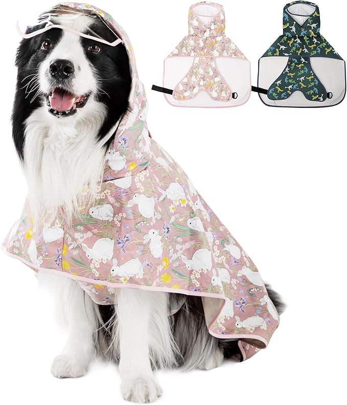 Dog Raincoat, Waterproof Windproof Dog Rain Jacket with Hood, Rain Coat with Leash Hole, Adjustable Raincoat Poncho for Small Medium Large Dogs Outdoor (Pink, L+)