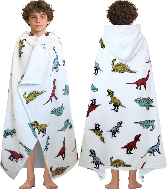 VOOVA & MOVAS Dinosaur Beach Towels with Hood for Teens & Big Kids 8Years Up | Soft, Absorbent 100% Cotton Towel Wrap for Boys | Beach, Pool, Swim & Bath Cover-Up