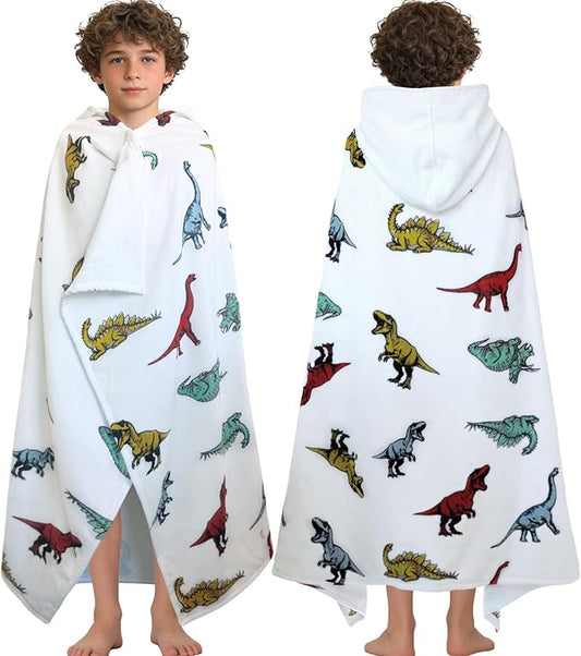 VOOVA & MOVAS Dinosaur Beach Towels with Hood for Teens & Big Kids 8Years Up | Soft, Absorbent 100% Cotton Towel Wrap for Boys | Beach, Pool, Swim & Bath Cover-Up