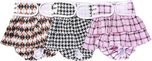 Avont 3 Pack Washable Female Dog Diapers, Reusable Period Diapers Cover for Girl Doggies Heat Cycle, Incontinence -Pink/Black/Brown Plaid(XL)