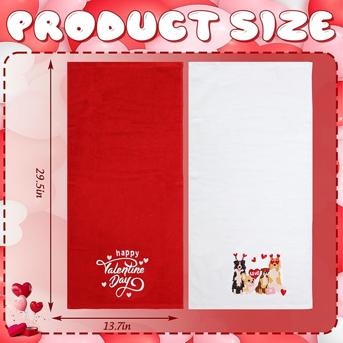 Whaline Valentine's Day Hand Towels Dog Love Heart Embroidered Cotton Bathroom Towel Absorbent Bath Towel for Hand Drying Cleaning Cooking, 29.5 x 13.7 Inch, 2Pcs