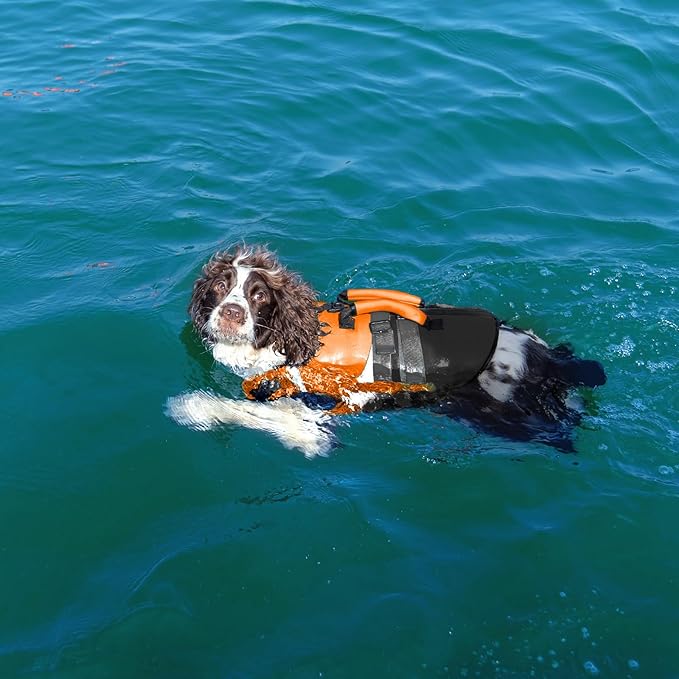 Kuoser Dog Life Jacket, Large High Flotation L Dog Life Vest for Swimming Boating, Reflective Dogs Swimsuit Lifejacket, Pet Life Preserver with Double Rescue Handle, Orange, L