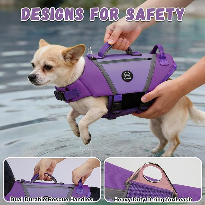 EMUST Dog Life Vest, Lightweight Life Jacket for Dogs with Pockets, Stylish Dog Life Preserver with Rescue Handle & Reflective Stripes for Swimming, Boating, Kayaking, Purple, XS