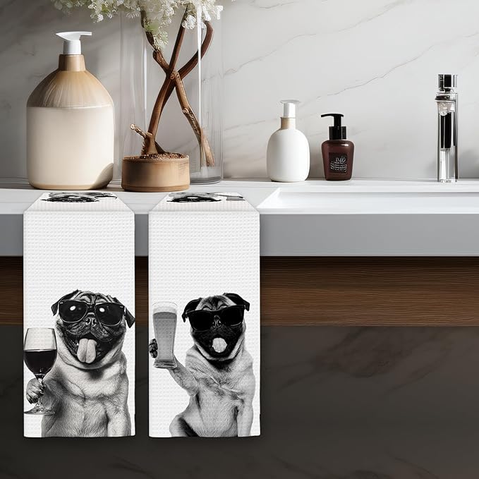 Gifts for Pug Dog Wine Lovers Kitchen Towels Set of 2, Pug Gifts Wine Decorative Hand Dish Towel for Kitchen Home Bar, Funny PugDog Beer Lover Home Bar Cart Decor(16x24 Inch)