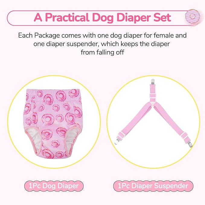 Dog Diapers Female with Suspender, Reusable Dog Diaper Female, Washable Doggie Diapers for Medium Doggy in Heat Cycle Period Incontinence, Boston Terrier, Pug (Pink M)