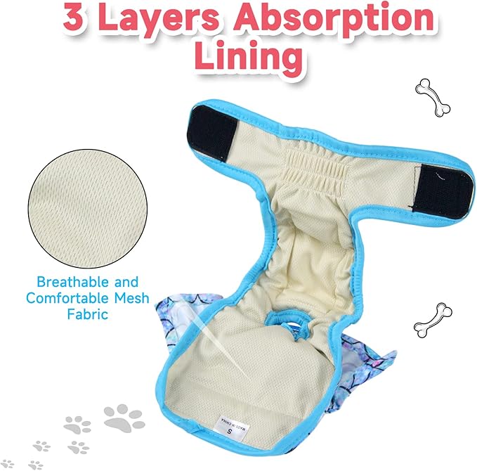 Langsprit Female Dog Diapers (3 Pack) - No Leak Washable, Highly Absorbent for Dogs in Heat, Incontinence, Excitable Urination or Period - Reusable, Size S