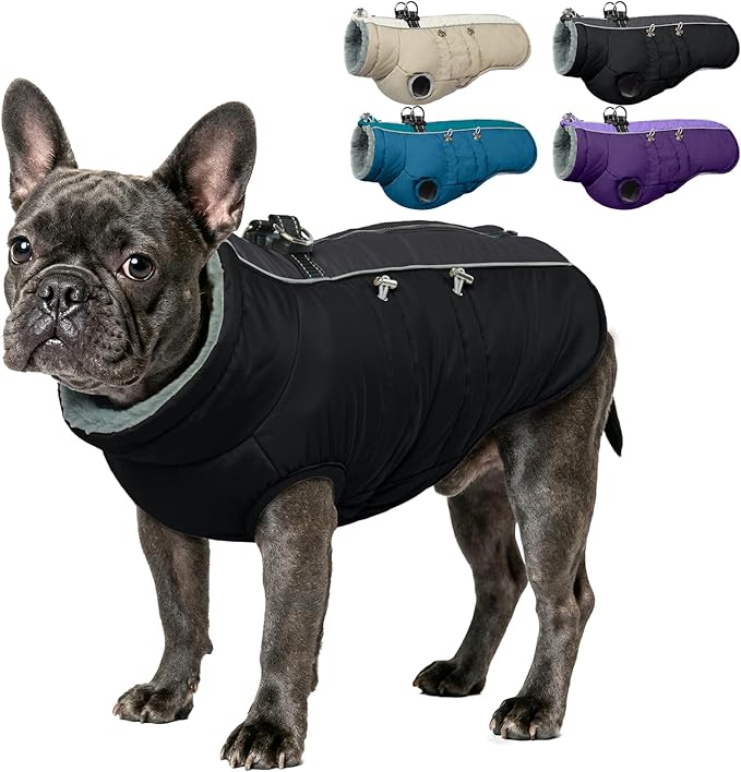 IDOMIK Warm Dog Coat with Harness, Waterproof Reflective Dog Jackets for Small Medium Large Dogs, Fleece High Collar Winter Jacket with Zipper, Pet Winter Snowsuit Clothes for Cold Weather,Black M