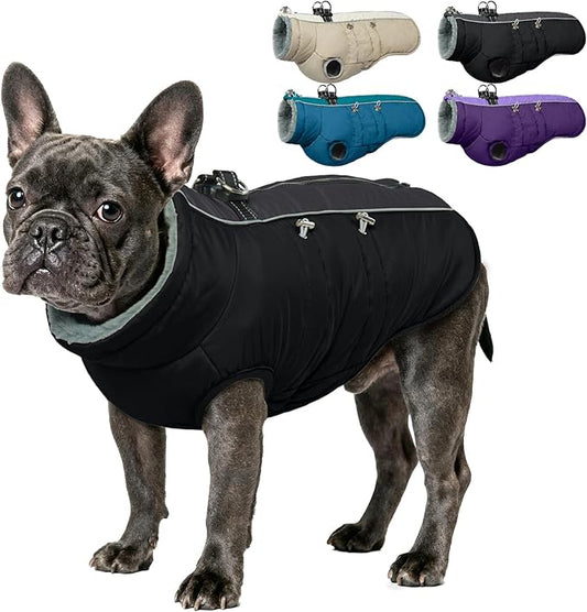 IDOMIK Warm Dog Coat with Harness, Waterproof Reflective Dog Jackets for Small Medium Large Dogs, Fleece High Collar Winter Jacket with Zipper, Pet Winter Snowsuit Clothes for Cold Weather,Black L