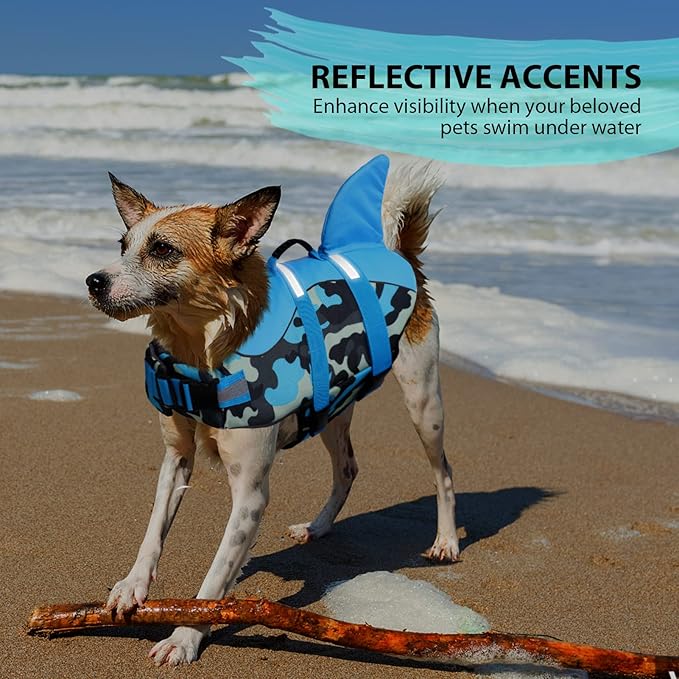 Queenmore Dog Life Jacket Ripstop Dog Shark Safety Vest Adjustable Preserver with High Buoyancy and Durable Rescue Handle for Small,Medium,Large Dogs, Blue Camouflage X-Small
