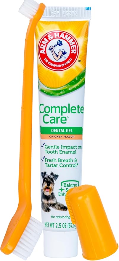 Arm & Hammer Complete Care Dental Gel Dog Toothbrush Kit, Gel Dog Toothpaste, Toothbrush, Finger Brush, Fresh Breath, Tartar Control, Baking Soda Enhanced Pet Dental Supplies, Chicken Flavor, 2.5oz