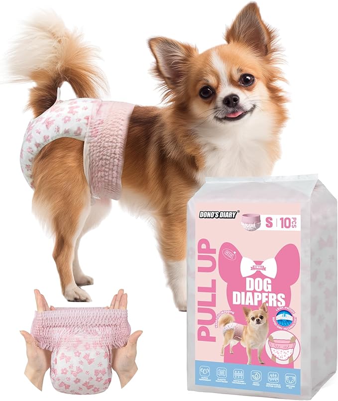 Dono Disposable Pull It Up Female Dog Diapers, 360° Stretchy Waist Puppy Diapers, Super-Absorbent Doggie Diapers with Rapid-Dry Technology Leak-Proof Design for Doggy in Heat Period, S 10 Pcs