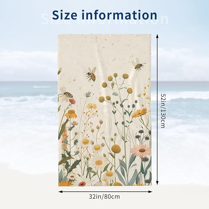 Wildflowers and Bees Beach Towel 31inx51in, Floral Sand-Free Microfiber Bath Towel Ultra Soft Quick Dry Pool Towel Absorbent Towel Lightweight Towel for Swimming Bathroom Decor
