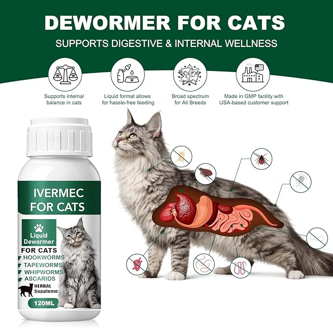 Cat Dewormer Liquid,Dewormer for Cats Broad Spectrum for Tapeworms, Roundworms & Hookworms, Promotes Digestive Comfort & Daily Balance