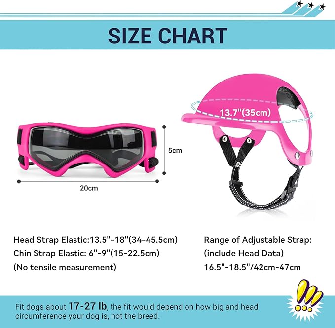 PETLESO Small Dog Goggles with Helmet, 2PCS Pet Sunglasses and Dog Motorcycle Helmet with Ear Holes, Small Medium Breed Outdoor Driving Walking Biking Protection, All Pink