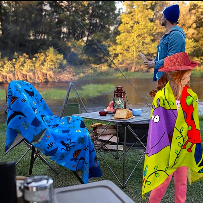 YIFONTIN Kids Beach Towels Microfiber Blanket Throw Super Soft Absorbent 5-Piece Set 27.5"x55" Gift for Bath Camping Swimming Sports Picnic Travel Holiday, Dinosaur Shark Crocodile Vessel Puppy.