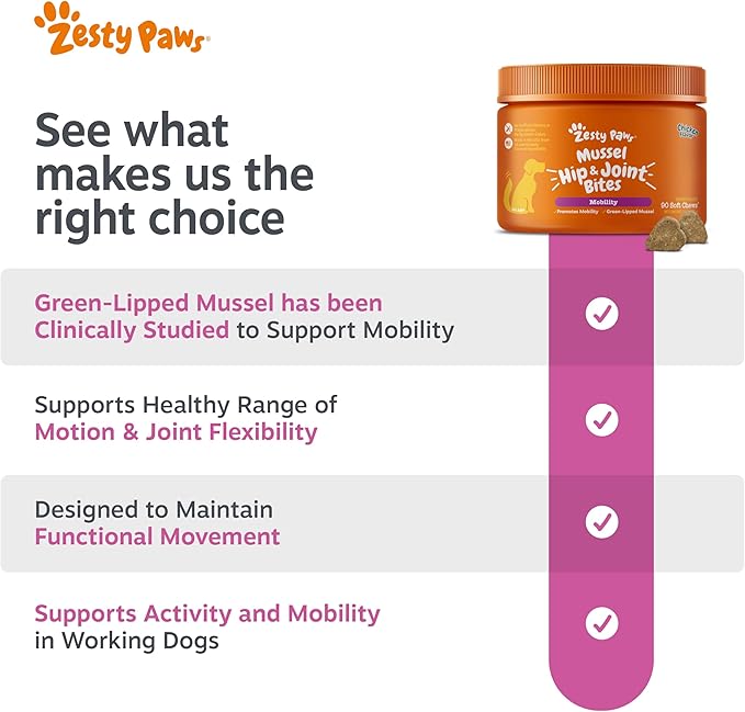 Zesty Paws Mussel Mobility Bites for Dogs - New Zealand Green Lipped Mussel with Natural Glucosamine & Chondroitin + Omega-3 Fatty Acids - Hip & Joint Support Supplement Soft Chews – 90 Count