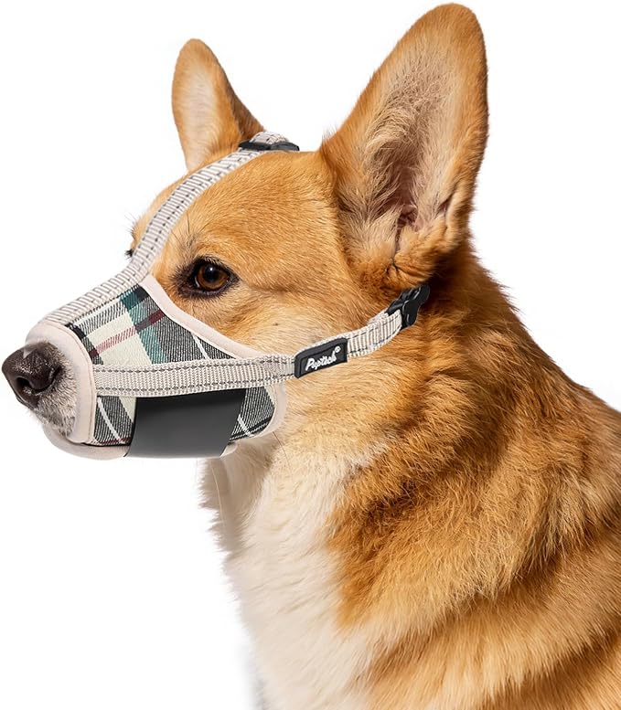 PUPTECK Dog Muzzle, Soft Adjustable Loop Reflective Pet Muzzle Prevent Biting Barking Chewing, Breathable Muzzle with Air Mesh Dog Mouth Guard Drinkable for Large Medium Small Sized, Beige Plaid M