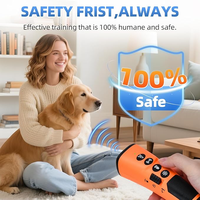 4X Ultrasonic Dog Bark Deterrent Device, 2026 Newest Stop Neighbors Dog Barking, 4 Nozzles Up 100% Efficiency, 3 Modes Humane Training Tool with Flashlight , Safe for Pet Indoor Outdoor（Orange）