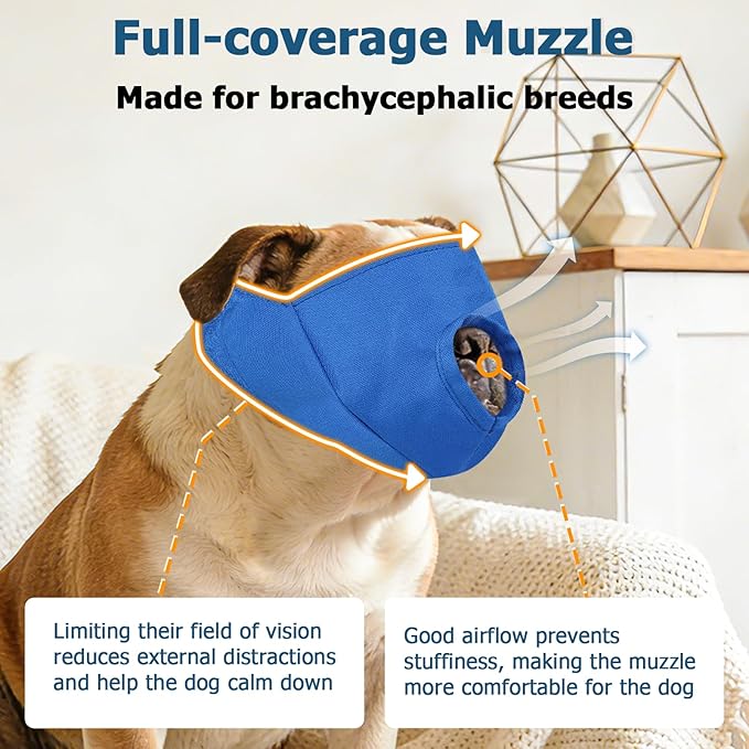BARKLESS French Bulldog Calming Muzzle, Short Snout Shading Eye Mask to Help Calm The Dog Down, Soft Dog Muzzle for Grooming Vet Visits, Mouth Guard Prevent Biting (Blue, S)