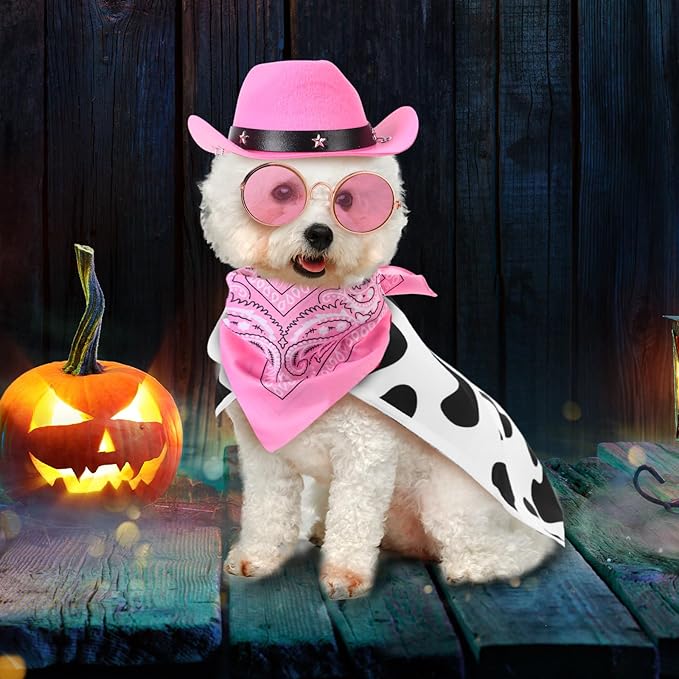 4 Pcs Halloween Dog Costumes Pet Cowboy Costume Cowgirl Hat with Bandana, Puppy Cape and Hip Hop Glasses for Halloween Dog Cat Puppy Kitten Cosplay Accessories(Large)