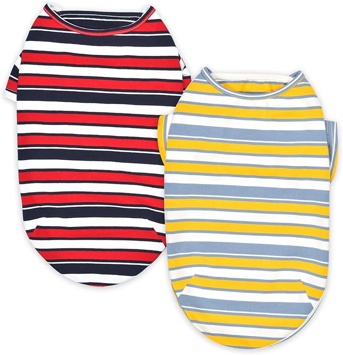 Dog Shirts Cotton Striped T-Shirt, Summer Pet Clothes for Small Dogs, 2-Pack Soft Puppy Apparel Cat Tee, Breathable Stretchy, Red Yellow M