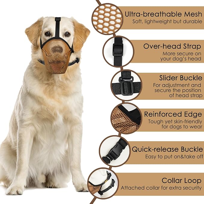Mayerzon Dog Muzzle, Soft Mesh Muzzles for Large Medium Small Breed Labrador Retriever Husky Beagle Poodle, Adjustable Dog Mouth Guard for Scavenging Licking Grooming, with Matching Collar(S, Brown)