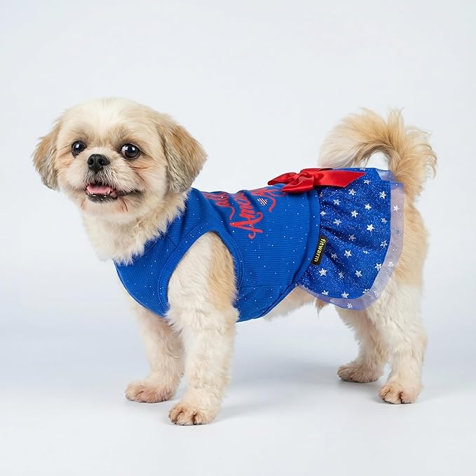 Fitwarm All American Girl Dog Dress, 4th of July Clothes for Small Dogs, Patriotic Tulle Dress, Pet Outfit, Royal Blue, Red, White, Large