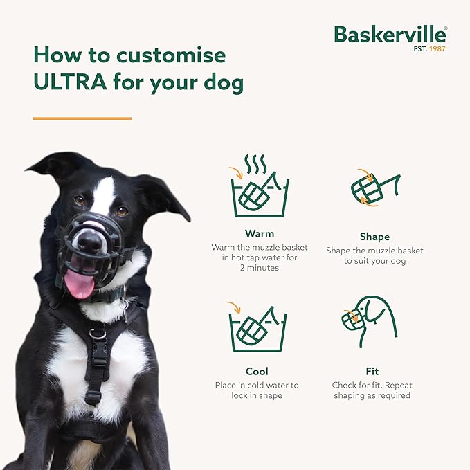 Baskerville ULTRA Muzzle - Patented Humane Design, Breathable, Dog can Pant and Drink, Adjustable, Padded, Dog Training Muzzle for Small Dogs, Prevents Biting, Wildlife Scavenging (Size 1, Black)