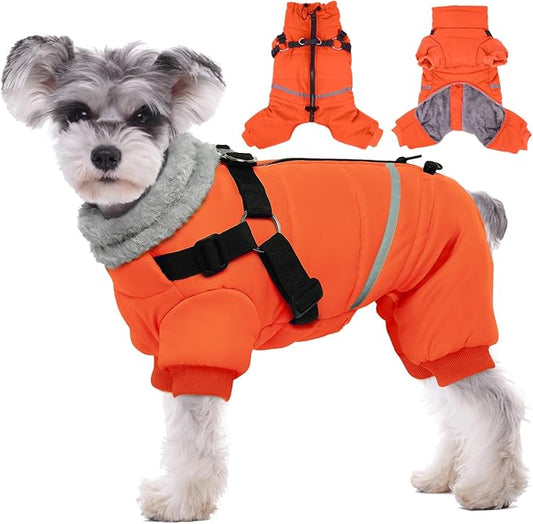 BRKURLEG Small Dog Winter Coat with Harness Built in, Orange Winter Dogs Jackets, Fullbody Dog Coat, Dogs Snowsuits Reflective Windproof Cold Weather Coats, Pet Warm Fleece Coats, XL