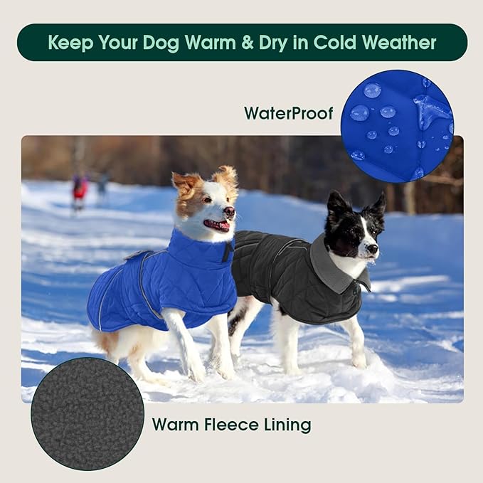 Kuoser Dog Coat, Super-Warm Dog Jacket Windproof Pet Cold Weather Coats for Extra Large Dogs, Fleece Lining Quilted Turtleneck Puppy Snowsuit Reflective Adjustable Doggie Winter Clothes, Blue, 2XL