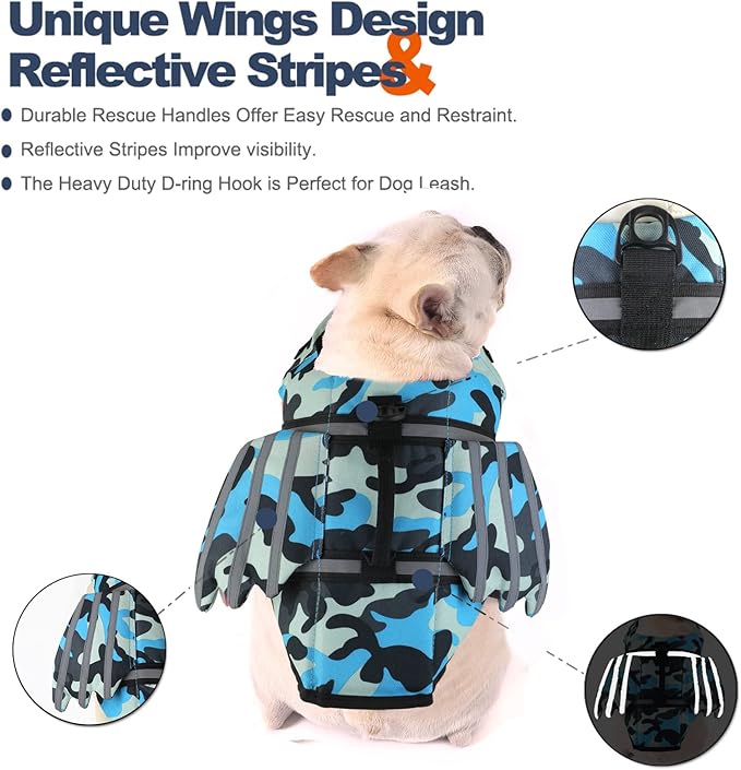 Dog Life Jacket, Wings Pet Life Vest for Swimming Boating Reflective Dog Flotation Swim Vest with Handle and Chin Float for Small Medium Large Size Dogs - Blue Camo, S