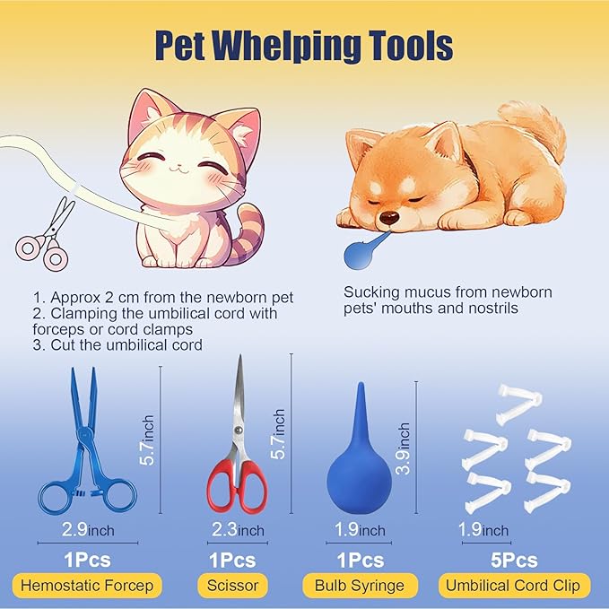 65 Pcs Deluxe Whelping Kit, Delivery of Kitten and Puppy Whelping Kit with Feeding Nipple Stethoscope Aspirator Puppy ID Bands etc Complete Full Kit