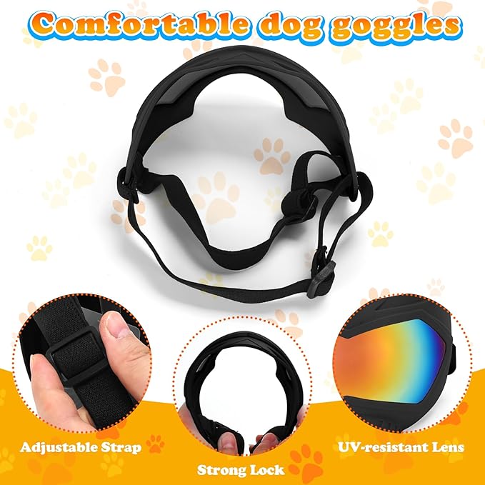 Dog Goggles, UV Protection, Windproof, Dustproof, Anti-Fog Dog Sunglasses for Large & Medium Dogs, Lightweight TPE Frame with Adjustable Strap, Stylish Outdoor Protection (Black Frame Color Lens)