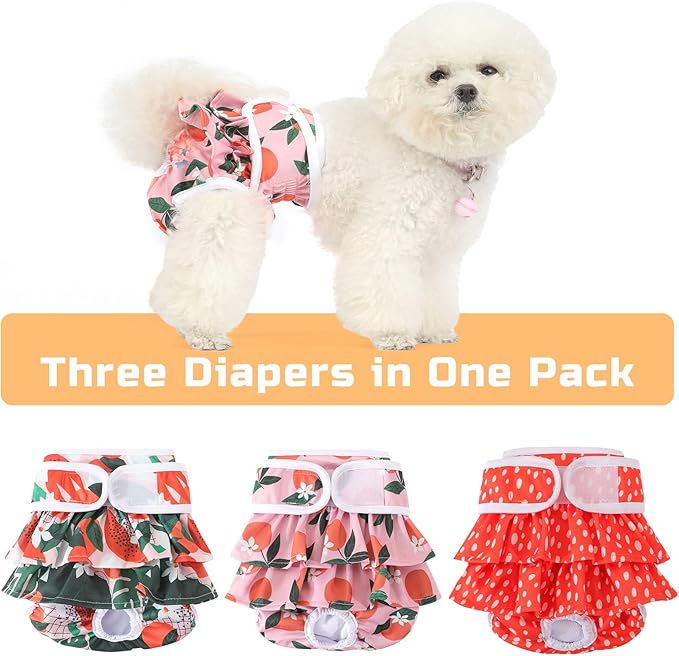 Reusable Dog Diapers Female 3 Pack Washable Premium Highly Absorbent Doggie Diapers, Flexible Puppy Diapers, Durable Leak-Proof Fruit Dog Diapers for Period Heat Incontinence Puppy Training, L