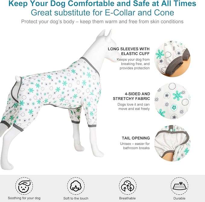LovinPet s Pajamas with Husky Dog, Pet Anxiety Relief PJ's,Uv Protection Dog Tshirt, Comfy Stretchy Fabric,Mint Floral Print,Large Pet Pjs,Pullover Pitbull Clothes for All Seasons,Large