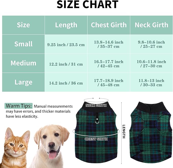 Pedgot 6 Pieces Warm Fleece Vest With Leash Ring - Dog Sweatshirt Winter Pet Clothes Plaid Pullover for Puppy Small Dogs Cat, Medium